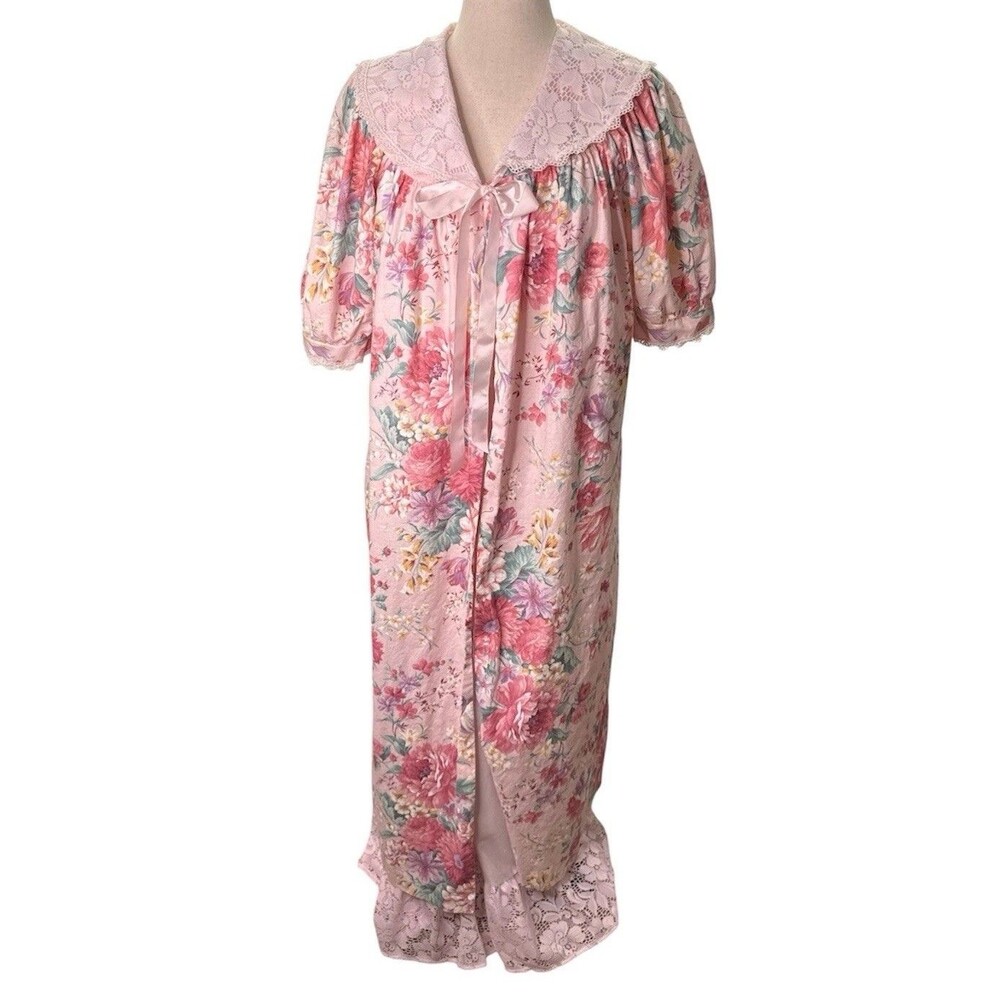 Vtg 70s Komar Sz L Victorian Pink Floral Lace Maxi Robe Nightgown Set Feminine